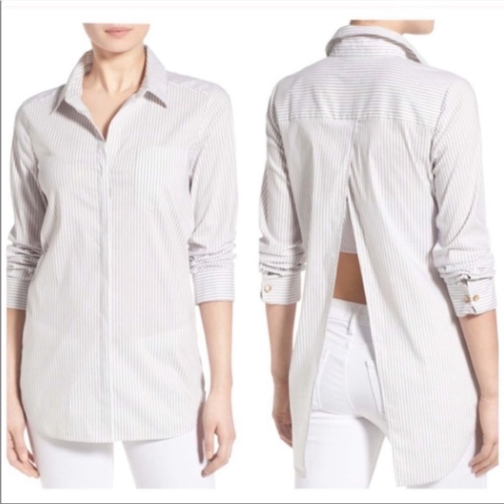 Chelsea28 Olivia Palermo Striped Button Down Open Back Shirt Top